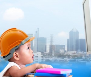 toddler in construction hat